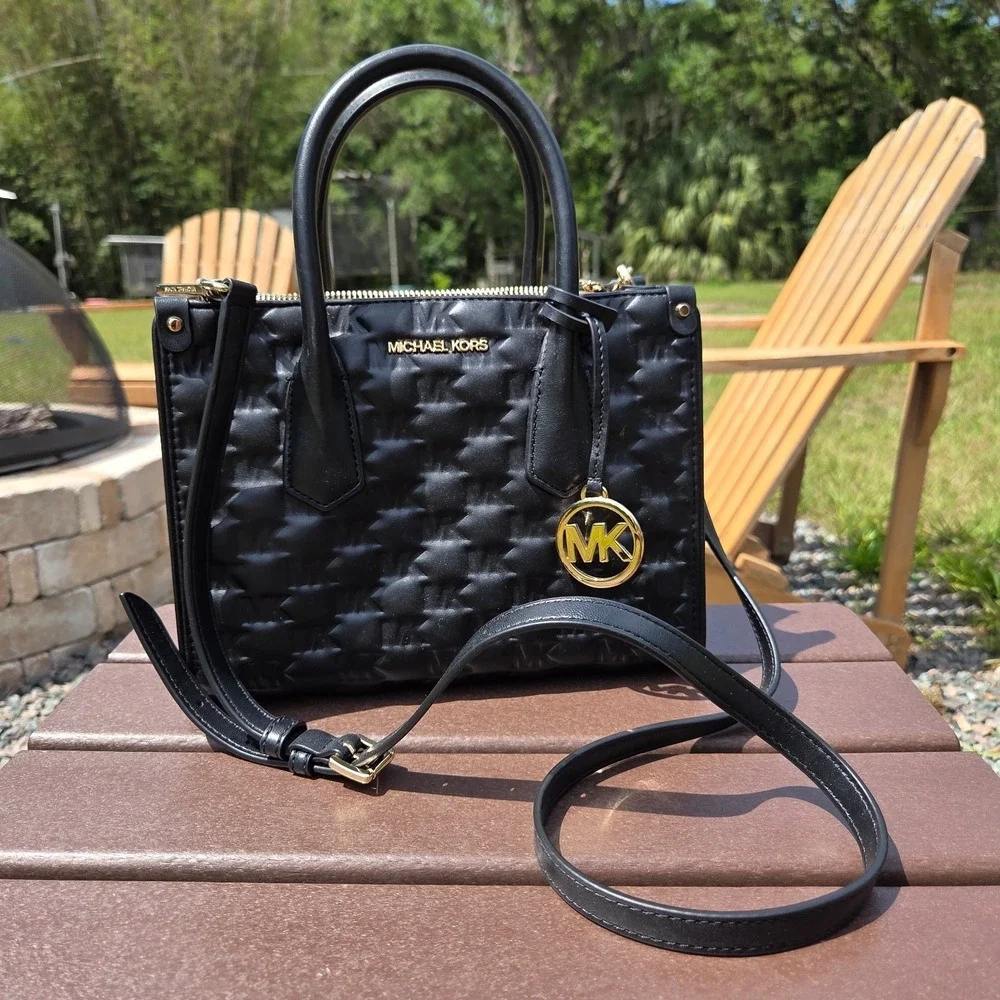 Michael Kors Black Embossed Leather Gold Logo Handbag Purse Maple Satchel - Picture 2 of 16